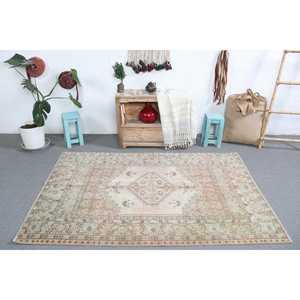 Alfombra Turca Vintage de Lana 4.3x6.3 pies, Diseño Azul Marroquí con Parches, Base de Látex Ecológica - Product Image 1