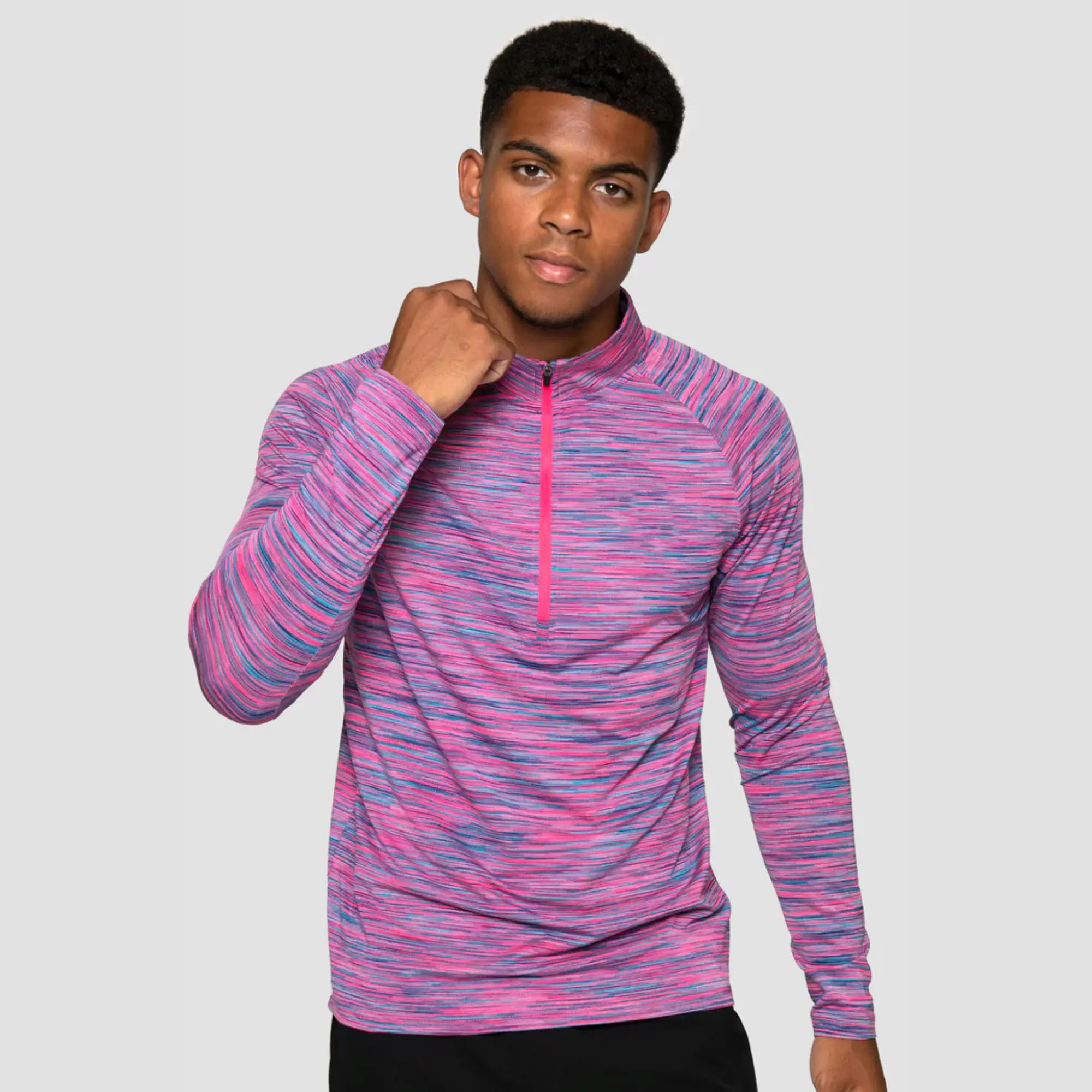 Reflective Logo Lightweight Breathable Pink Navy 88% Polyester 12% Elastane Slim Fit Mens Trail 1/4 Zip Long Sleeves Shirt