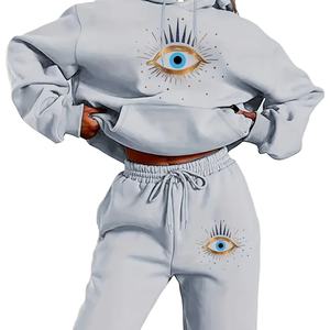 Ensemble sweat-shirt et pantalon de sport pour femme, style hip-hop, décontracté, uni, régulier, polaire d'hiver, chaud, anti-boulochage, 100% coton, personnalisé - Product Image 1