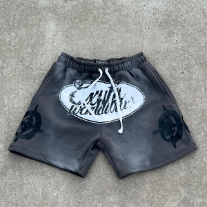 Pantalones cortos descoloridos de moda americana de alta calidad para hombres, pantalones cortos de calle con dobladillo crudo y lavado ácido con estampado de pantalla personalizado de diamantes de imitación - Product Image 5