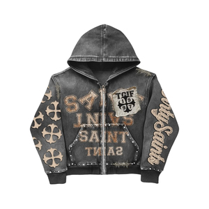 Ensemble en jean délavé pour homme : Veste à capuche oversize et jean baggy 2 pièces brodé, style streetwear Y2K Hip Hop, hiver, poids lourd - Product Image 2