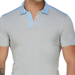 Polo pour homme gris clair avec accents bleus, vêtements de sport élégants, tissu en coton confortable pour le sport et les vêtements décontractés - Product Image 5