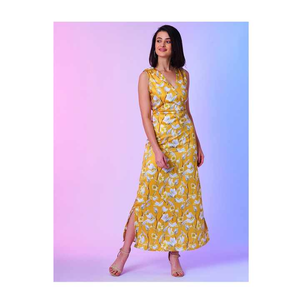 Robe longue portefeuille en satin à découpe florale jaune, collection de vêtements universitaires parfaits pour femmes d'Inde - Product Image 1
