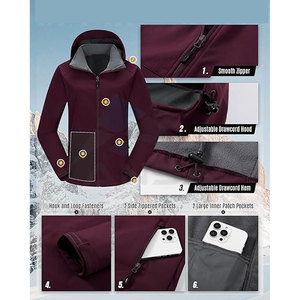 Chaqueta Cortavientos Impermeable para Mujer, Chaqueta Ligera de Softshell con Forro Polar Cálido para Exteriores con Capucha Desmontable, Color Ciruela - Product Image 5