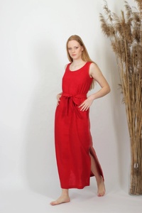 Nuevo Vestido Maxi Rojo de Algodón, Silueta en A, Sin Mangas, con Cinturón, Formal, para Invitadas de Boda, Ecológico, para Mujer - Product Image 6
