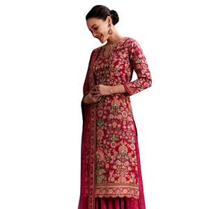 Conjunto Palazzo de Seda Bordada Rosa Rani, Venta al por Mayor, Ropa Étnica para Mujer, Proveedor de Fábrica de Ropa OEM, Traje Personalizado para Bodas y Fiestas - Product Image 2