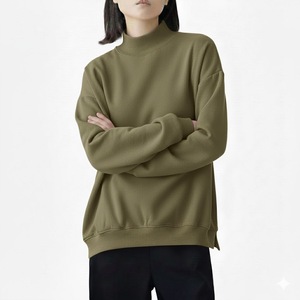 Women Solid 100% Cotton Casual <b>Mock</b> <b>Neck</b> Sweatshirt Stylish Long Sleeve Fleece Pullover Loose Fit Autumn Winter <b>Top</b> Front Logo - Product Image 1