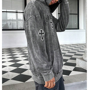 Sweat-shirt à capuche à manches longues imprimé décontracté pour homme avec logo personnalisé de haute qualité, broderie croisée lavée, patch - Product Image 2