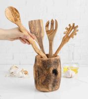 Porte-ustensiles élégant rustique méditerranéen sculpté à la main ArtisRaw en bois d'olivier tunisien, pour la cuisine et les restaurants