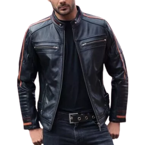 Chaqueta de moto de cuero negro genuino para jinetes con rayas rojas blindada CE chaqueta de moto de cuero de pista protegida para hombres - Product Image 2