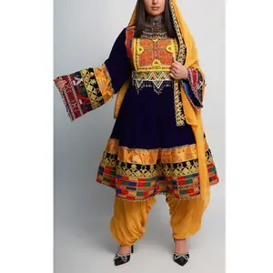 Vestido afgano de manga larga estilo callejero para mujer con vestido Kuchi afgano bordado de temporada de boda Dupatta
