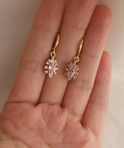 Boucles d'oreilles créoles en argent 925 plaqué or avec quartz rose, style vintage, cadeau pour elle, boucles d'oreilles en quartz - Product Image 3