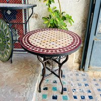 Moderner Marokkanischer Mosaik-Couchtisch mit Rubin-Sand-Zellige-Fliesen, Geometrisches Design, Handwerkskunst aus Glas und Metall