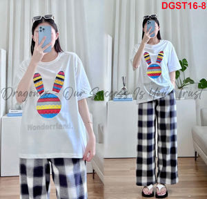 Conjunto De Ropa De Mujer De Algodón Con Motivos De Conejo Combinado Con Pantalones A Cuadros Muchas Opciones De Colores 100 Conjuntos A Precios Preferenciales - Product Image 3