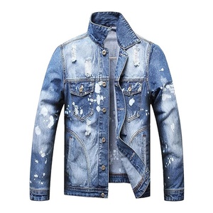 Men's <b>Denim</b> Jacket Stand Collar Washed Distressed Casual Autumn Outerwear Regular Fit Blue Jeans <b>Coat</b> - Product Image 1