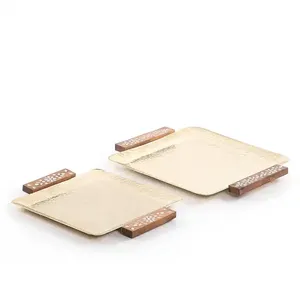 Aluminium Nouveau Métal Plateau de Service Manche en Bois Thé Café Nourriture Petit Déjeuner Décoratif Maison Dessus de Table Hôtel Restaurant Mariage - Product Image 4