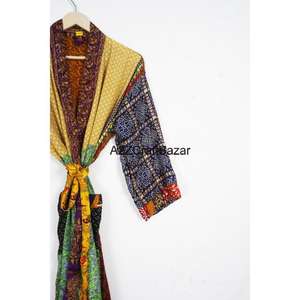 <b>Women's</b> 100% Pure Silk Patchwork Casual Kimono <b>Robe</b> Summer Autumn Breathable Long Full Length Drawstring Closure Indian Sari - Product Image 3