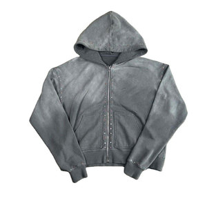 Custom Hoodies Embroidered Custom Men Rhinestone Hoodie Double Zip up Hooded Heavyweight High Quality Sun Faded Wash Sweatshirts - Product Image 1