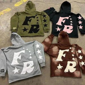 Sudadera con Capucha y Cremallera, Diseño de Manga con Bordado Desgastado de Estrella, Estilo Urbano, Chaqueta Holgada de Felpa - Product Image 6