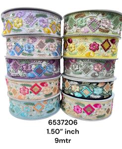 Custom Made <b>Ribbons</b> on <b>Black</b> Base Fabric With Multi Coloured Thread Work Done in Floral Designs & Colours for Wedding Dresses - Product Image 4