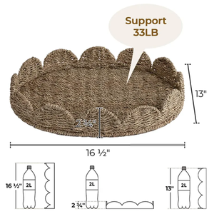 Plateau en jonc de mer naturel à bords festonnés, plateau de service tissé, fabrication artisanale - Product Image 6