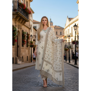 Conjunto de Kurta Floral de Chifón con Dupatta y Mangas 3/4 - Elegante Color Blanco Hueso - Product Image 1