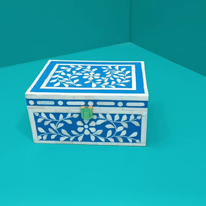 Vente chaude À La Main Bleu Blanc Os Incrustation Boîte À Bijoux En Bois Conception Florale Boîte De Rangement Décorative avec Serrure - Product Image 5