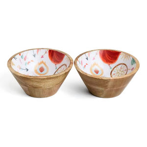 Ensemble de bols à salade minimalistes Bol décoratif en bois de manguier écologique ENSEMBLE DE 2 bol en bois avec décor de table imprimé en émail - Product Image 2