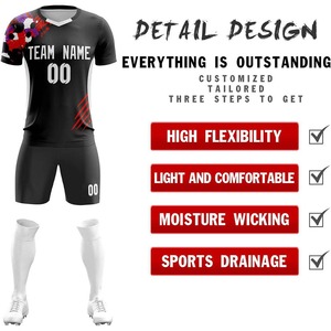 Uniforme de football personnalisé 2025 nouveau design de haute qualité à bas quantité minimale de commande 2 semaines de délai de livraison séchage rapide rouge noir pour hommes - Product Image 4