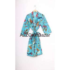 Handmade Vintage Kantha Short <b>Kimono</b> Robe Women's Luxury Floral Print 100% Cotton V-Neck <b>Long</b> Sleeves Drawstring Closure Soft - Product Image 6