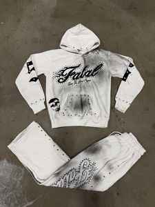 Sudadera con cremallera desgastada recortada personalizada de fabricante, ropa de calle con diamantes de imitación, chándal, pantalones de chándal acampanados holgados y conjuntos de Sudadera con capucha - Product Image 2