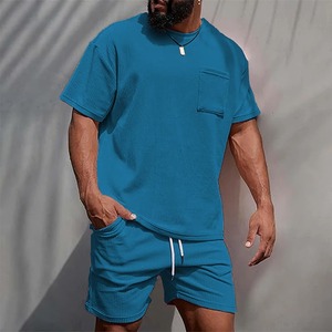 2025 américain lourd couleur unie petit décolleté T-shirt à manches courtes hommes été 425G Shorts Sports et loisirs costume ample - Product Image 5
