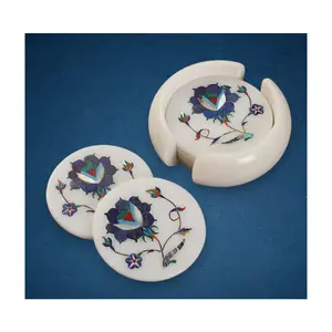 Latest Production Handmade Makrana Marble With Unique Inlay Work Coaster Set For Home Decor And Gifting