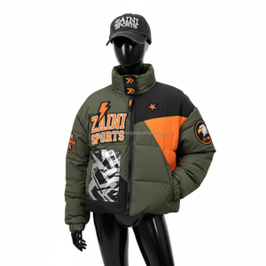 Veste matelassée pour femme Nylon Polyester Tissu Olive Noir Panneau orange Logo personnalisé Broderie Patch Impression Veste matelassée pour femme - Product Image 1