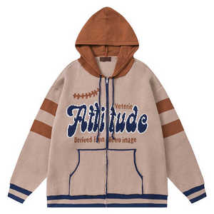 Pull à capuche surdimensionné en tricot personnalisé pour hommes Cardigan zippé Jacquard Intarsia 100% sweats à capuche en coton pour hommes - Product Image 5