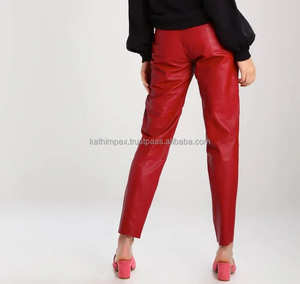 Vente chaude rouge taille haute Faux cuir pantalon pour femmes Streetwear boucle fermeture coupe droite plissé avant pour fête décontractée - Product Image 4