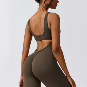 Combinaison de yoga une pièce à dos croisé pour femme, tenue de sport décontractée, pantalon évasé froncé aux fesses, vêtements de gym pour femmes - Product Image 6