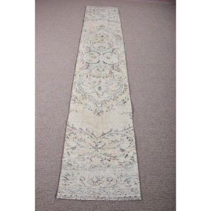 Tapis turc vintage en laine, tapis de couloir 2x10 pieds, patchwork blanc et gris, tapis oriental avec envers en latex - Product Image 1