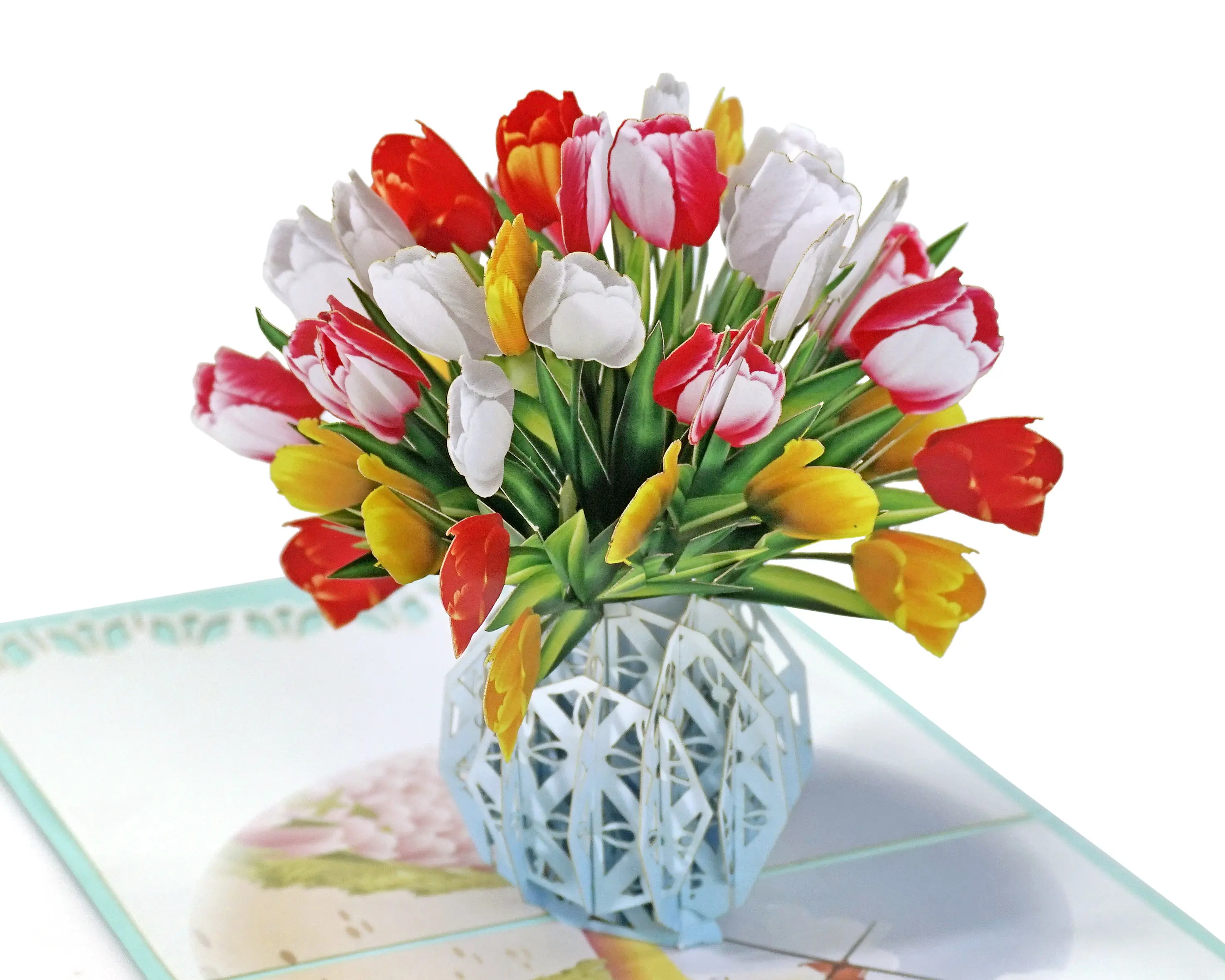 HMG أعلى جودة وصول جديد ورقة هدية زهرة الفن 3D يطفو على السطح صندوق بطاقة في زهور التوليب متعددة الألوان