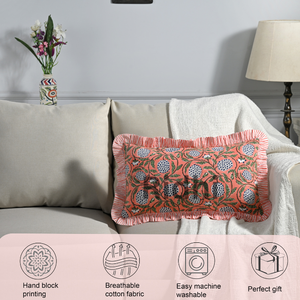 Funda de Almohada Lumbar RIDHI Rosa Salmón Oscuro 12x20 Pulgadas con Volantes, Estampado a Mano en Algodón, Personalizable, Extraíble y Lavable, Decoración para Sofá y Cama - Product Image 5