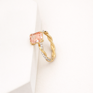IGI Certified Lab Grown Peach Radiant Cut Diamond Twisted Band Ring in 9K Yellow/ White/<b>Rose</b> Gold with Pavé Accents - Product Image 2