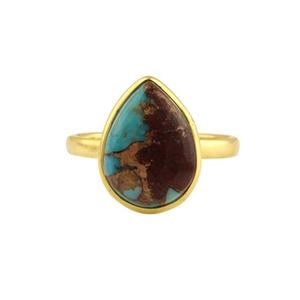 Anillo fino de plata chapada en oro de 18 quilates con forma de pera delicada, 12x16mm, Lava Natural, turquesa, cobre, bisel de piedras preciosas, joyería - Product Image 6