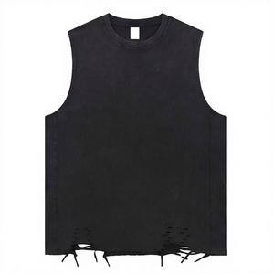 Men's <b>Distressed</b> Sleeveless Tank <b>Top</b> - Ripped Hem & Adjustable Drawstring Detail - Casual Streetwear Oversized Vest - Product Image 1