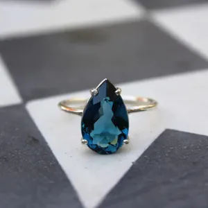 Fine Quality Bezel 925 Solid Sterling Silver Custom Ring London Blue Topaz Ring Indian Silver Jewelry Suppliers Topaz Ring