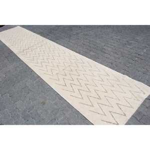 3x16.3 ft Vintage <b>Rug</b>, Turkish <b>Runner</b> <b>Rug</b>, White Brown Ikat Wool <b>Rug</b> - Product Image 2
