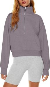 Sweat-shirt gris pour femme à demi-zip avec poches, col montant, manches longues, en polaire, coupe courte, design uni, idéal pour l'automne - Product Image 4