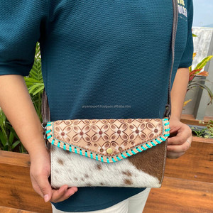 Cartera cruzada de cuero tallada a mano, funda de teléfono de embrague, carteras de cuero de vaca occidental, Cartera de Color turquesa para mujer - Product Image 2