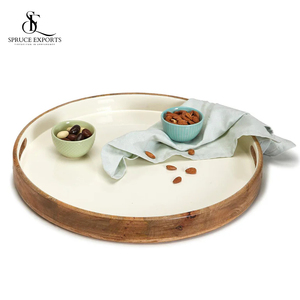Bandeja para servir de madera redonda moderna hecha a mano, madera Natural con acabado esmaltado para bodas, Diwali, pieza de decoración de comedor hecha a mano - Product Image 1