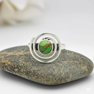 แหวนเงินสเตอร์ลิง925แข็งสีเขียวทองแดงเทอร์ควอยส์ทรงกลมขนาด7มม. เครื่องประดับแฟชั่นทำมือสำหรับผู้หญิง - Product Image 4