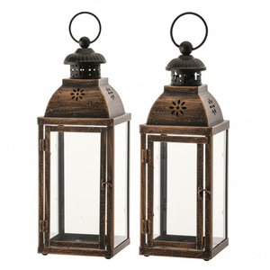 Ensemble de 2 lanternes à bougies au design fantastique, cadre en métal noir avec des panneaux en verre transparent et des poignées en bronze pour la décoration de jardin, en solde - Product Image 4